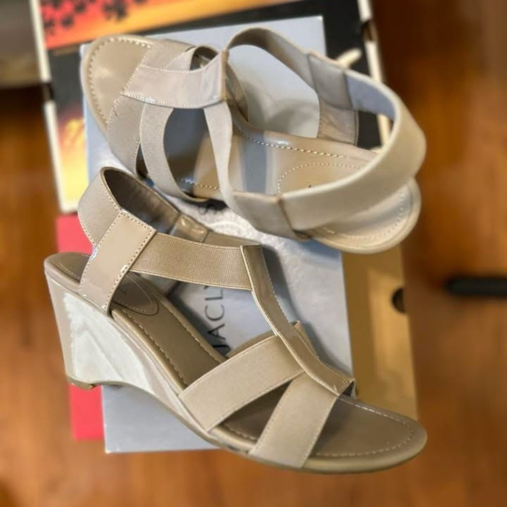 Jaclyn Smith Cream Wedge Sandals with Ankle Strap